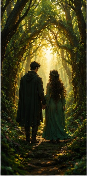 Amoro and Amoura walking hand in hand beneath a forest archway