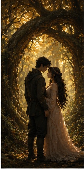 Amoro and Amoura embracing beneath a golden forest archway