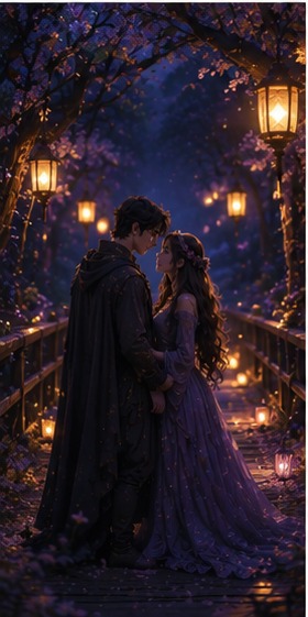 Amoro and Amoura embracing on a lantern-lit bridge
