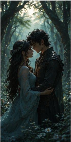 Amoro and Amoura in a misty forest embrace